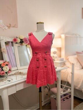 Zimmermann Coral Red Linen Mini Dress Gold Button Detail Size 0/XS